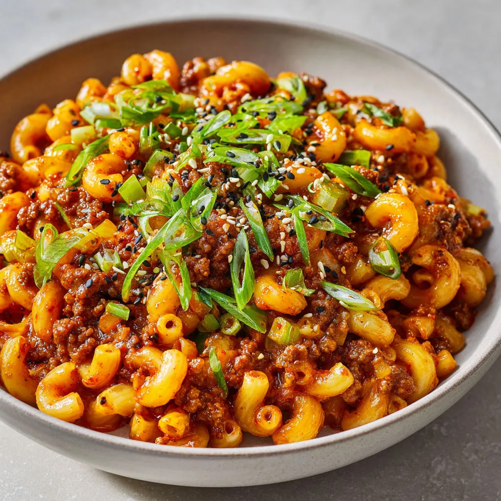 Délicieux macaronis au bœuf et sauce gochujang
