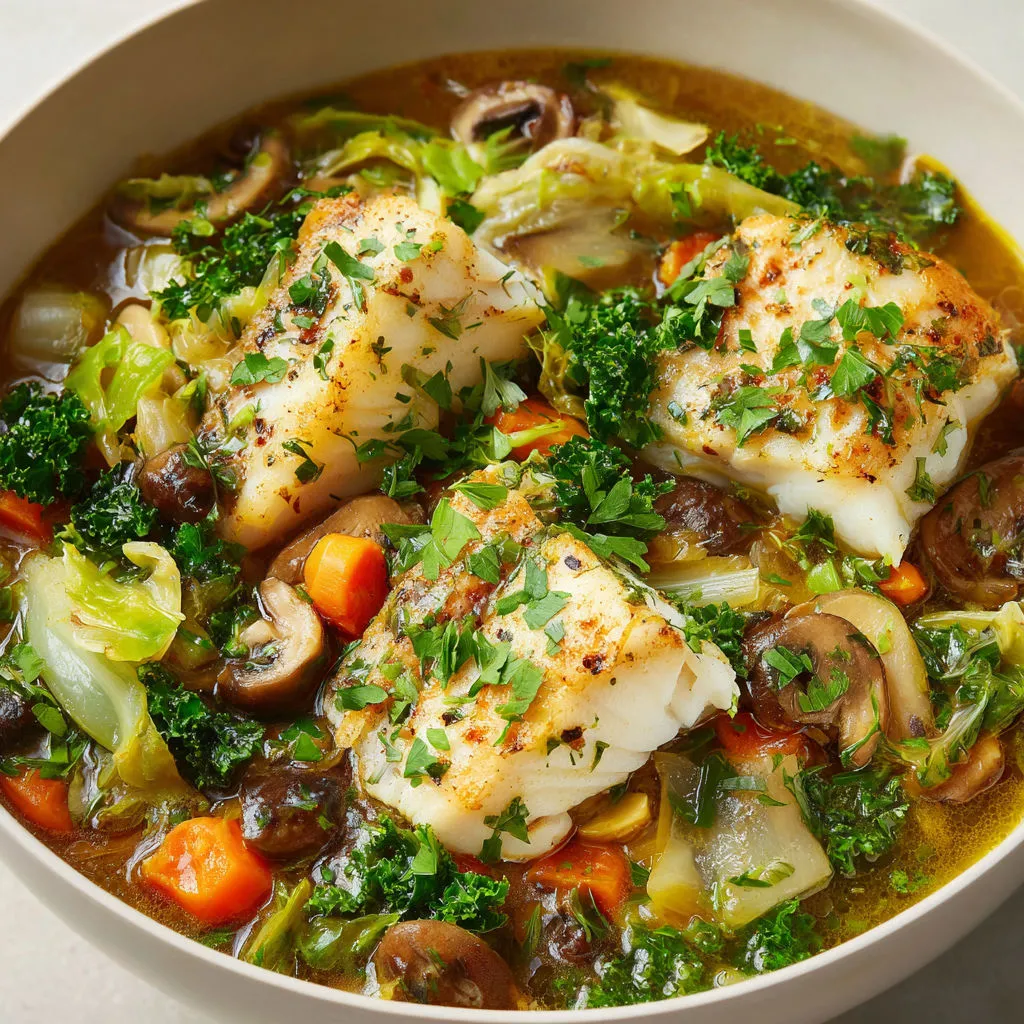 Délicieux merlan mijoté aux légumes dans un bouillon parfumé