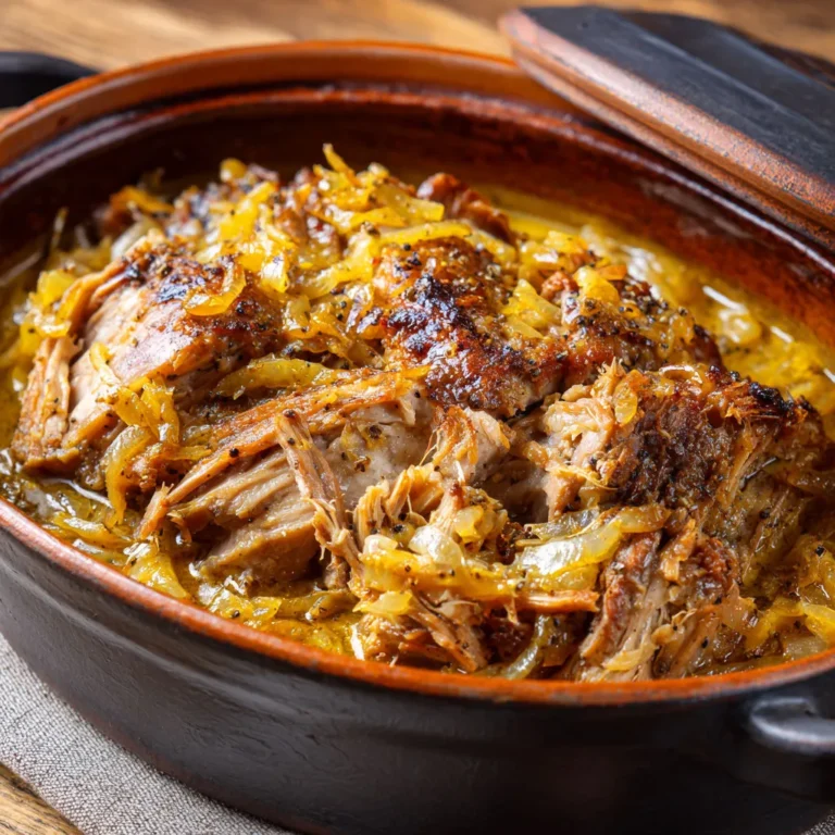 Délicieux plat de porc braisé aux oignons fondants