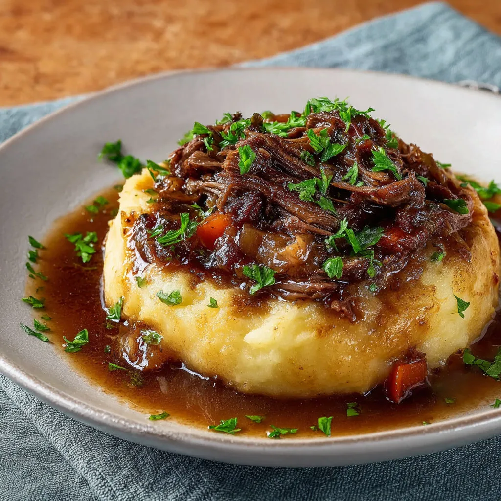 Effiloché de bœuf tendre sur lit de purée.