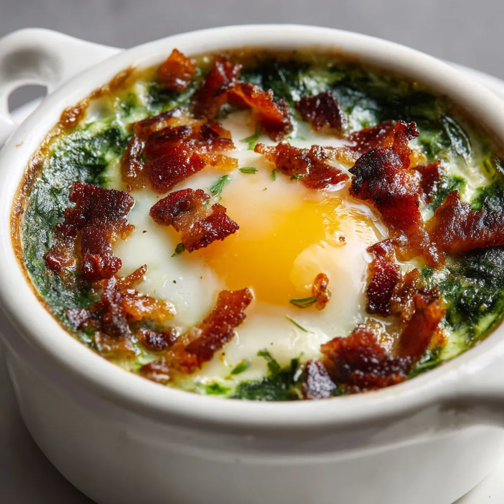 Œufs cocotte savoureux oseille et lardons bio.